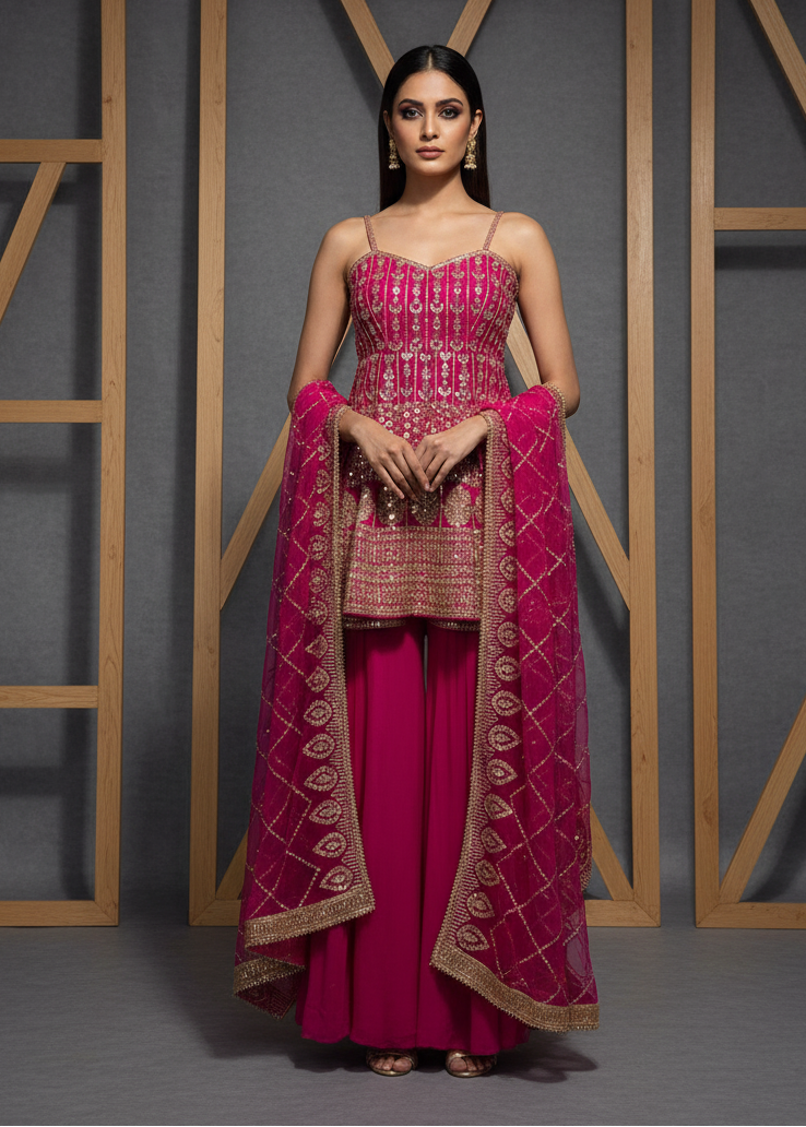 Woman wearing a pink traditional outfit with gold embroidery against a gray background
