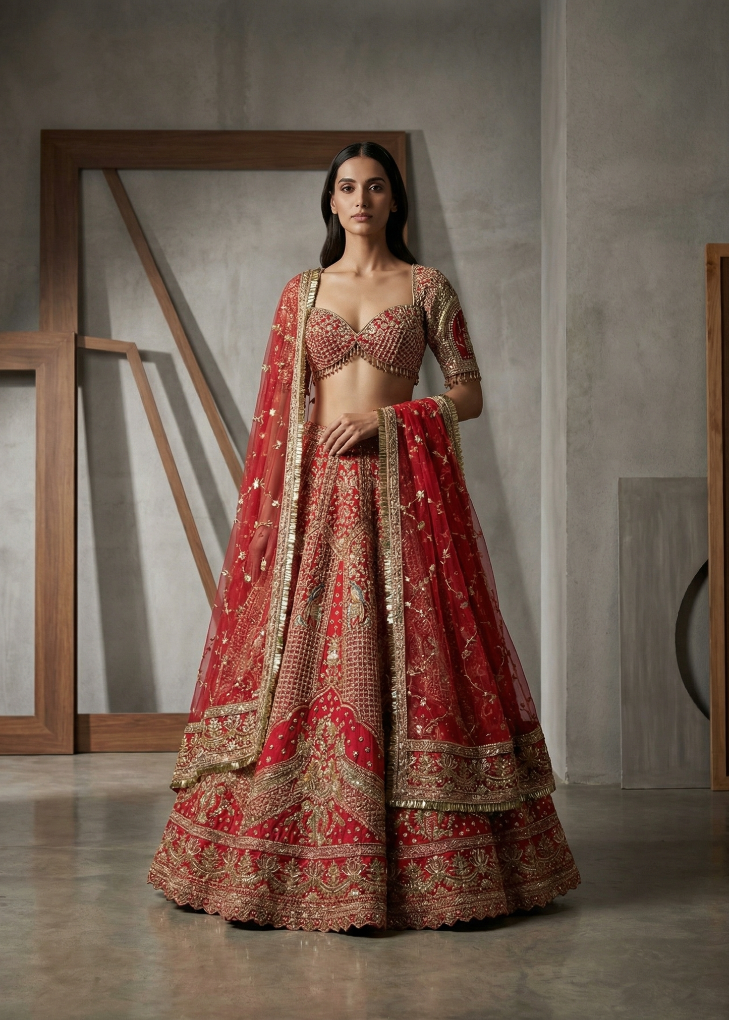 Woman in a red and gold traditional outfit standing against a neutral background