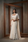 MUS004 Ivory emb bustier, jacket,stitched mermaid saree