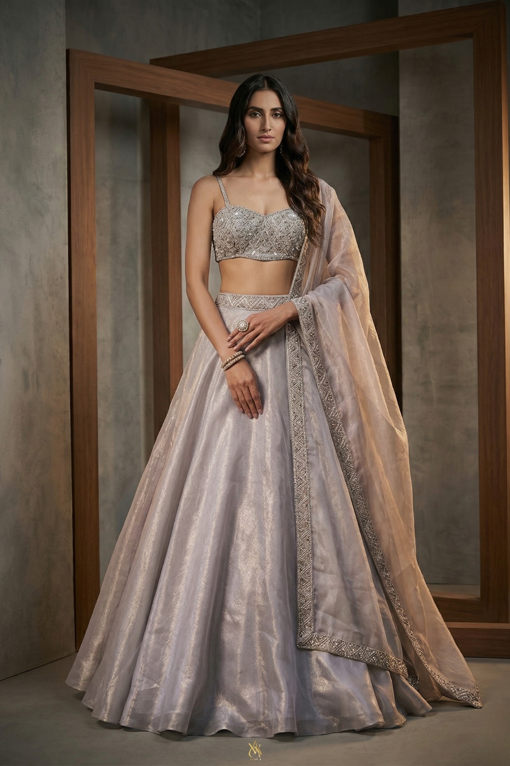 MUS006 Silver grey emb blouse, lehnga dupatta set