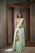 MUS001 Mint green emb Corset, stitched saree set