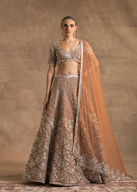 Woman wearing a traditional outfit with a brown and gold color scheme against a neutral background