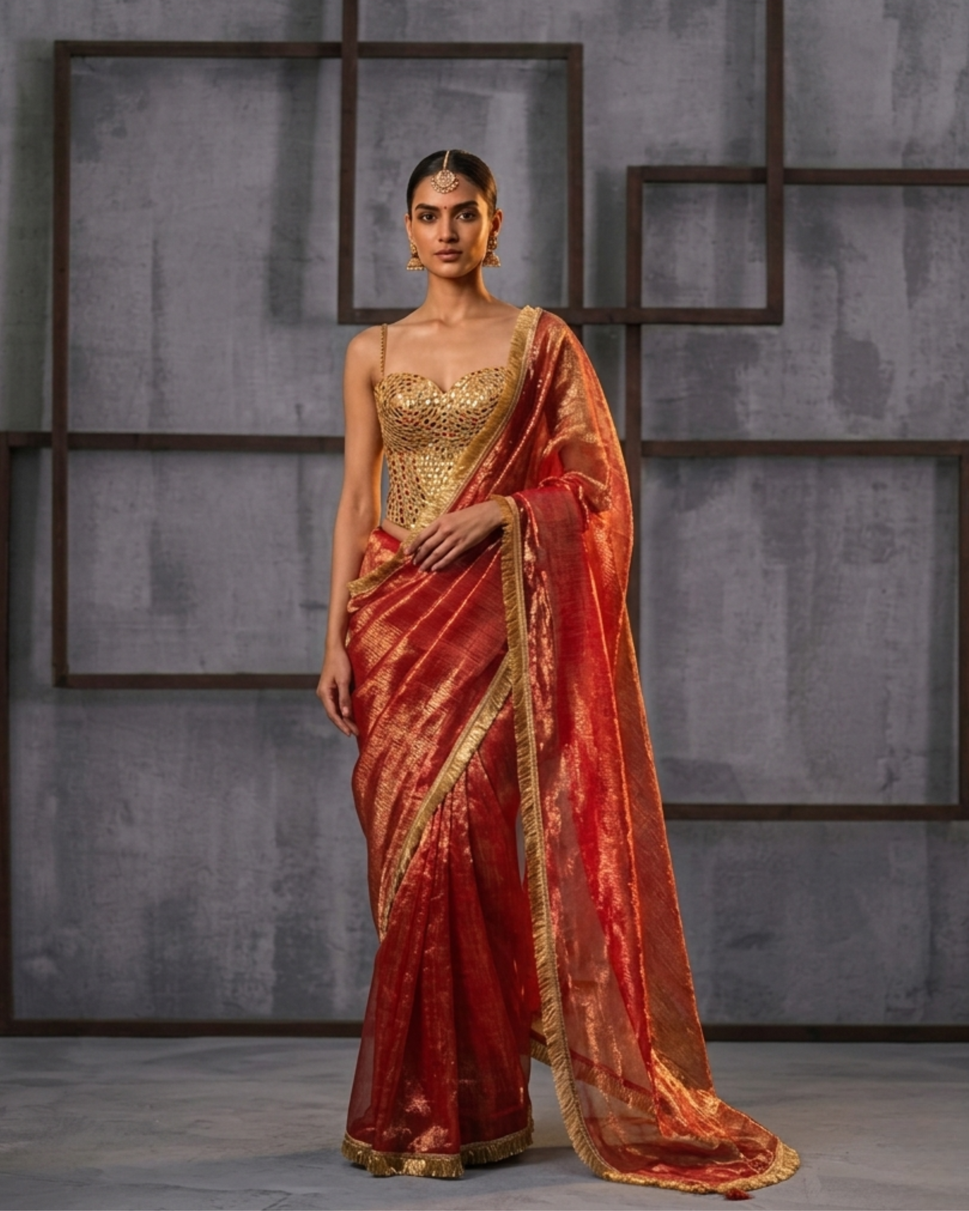 MUS015 Fucsia emb Corset, stitched saree set
