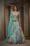 MUS007 Sea green emb corset, lehnga dupatta set