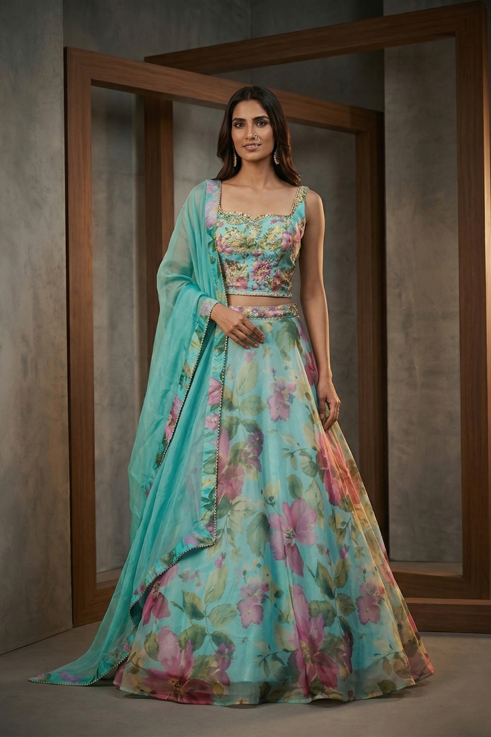 MUS007 Sea green emb corset, lehnga dupatta set