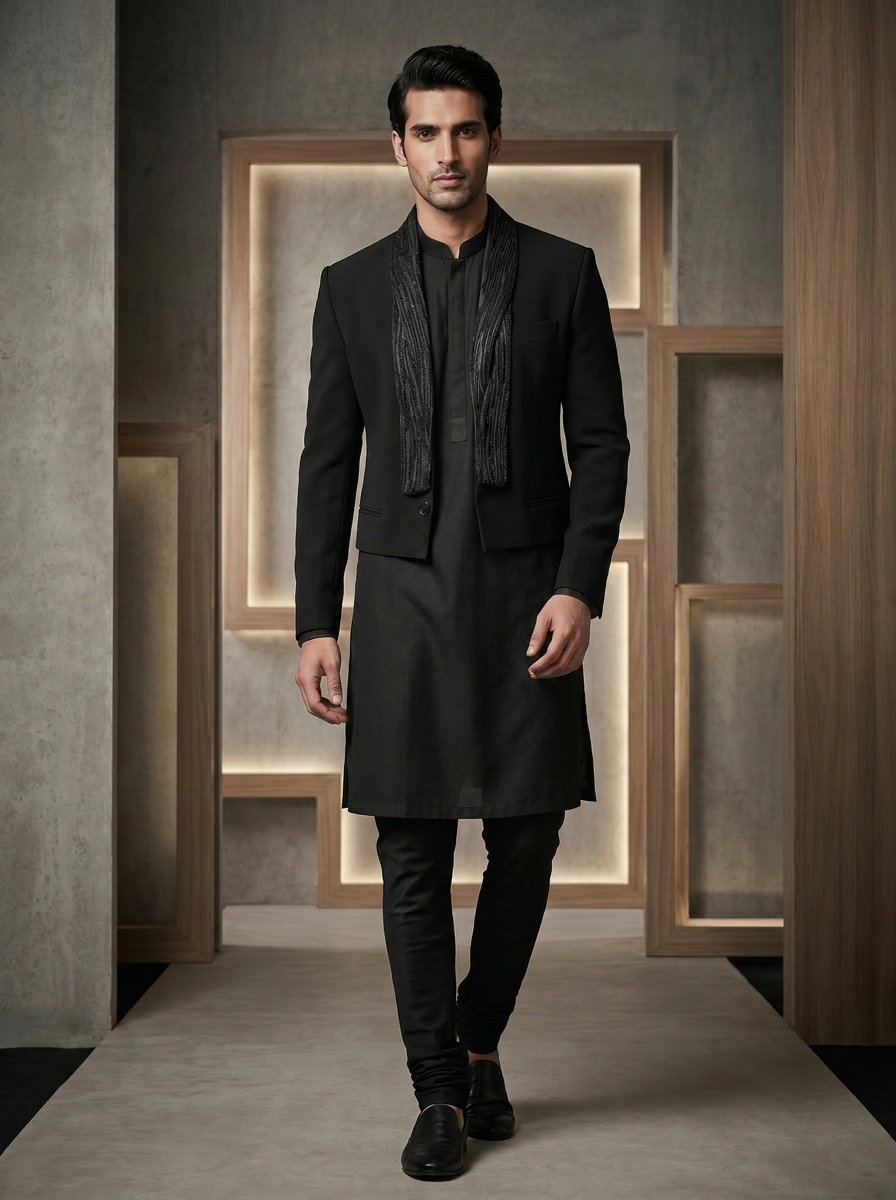 KD2244 Black embroidered lapel blazer