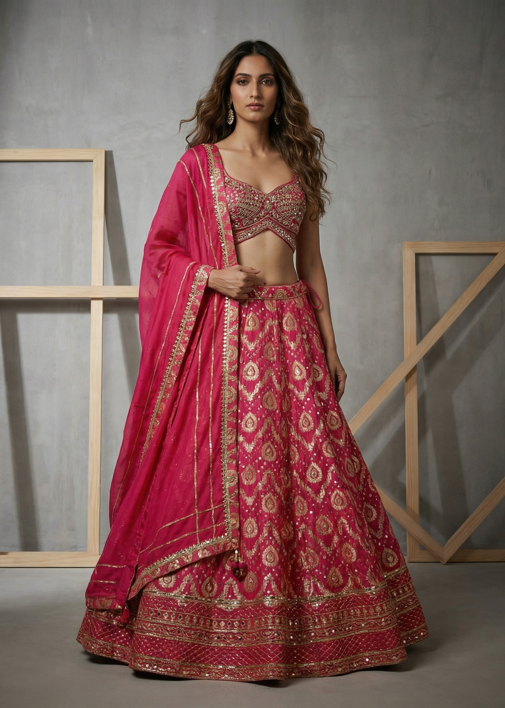 HER002 Fucsia emb blouse and Brocade lehnga set