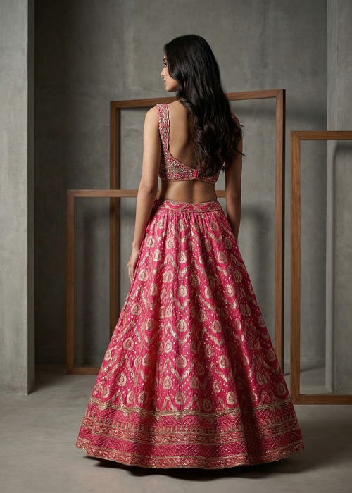 Woman wearing a pink traditional outfit with intricate patterns in a minimalistic setting.