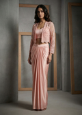 DC126 Peach Drape Skirt Blouse Cape Set