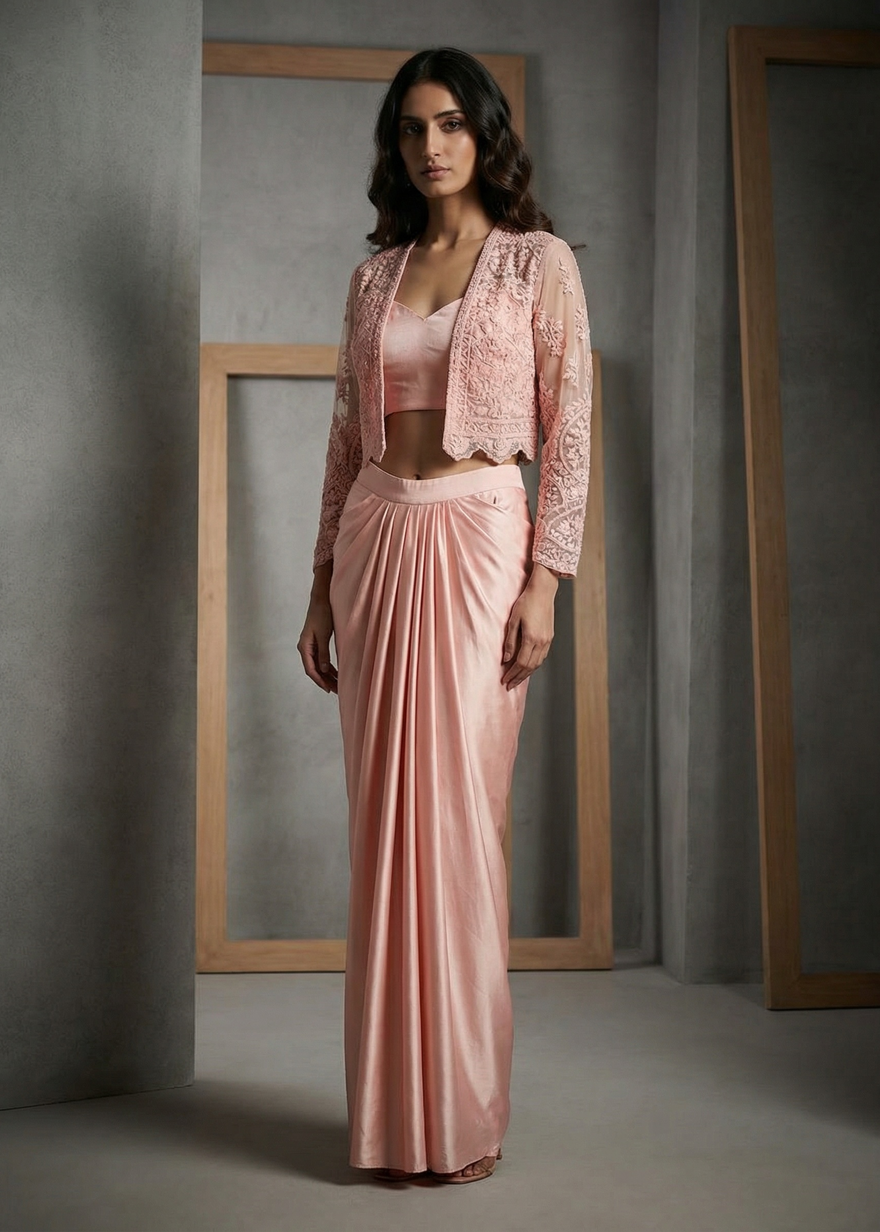 DC126 Peach Drape Skirt Blouse Cape Set