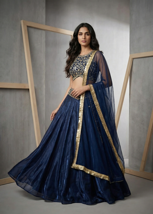 Woman wearing a navy blue traditional outfit with gold accents against a neutral background