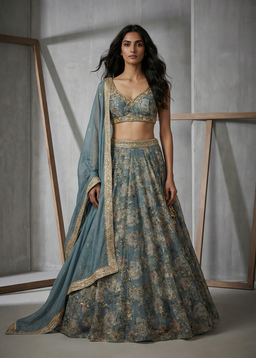 Woman wearing a traditional blue and green outfit with a patterned design against a neutral background