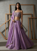 Woman wearing a purple traditional outfit with a gray background