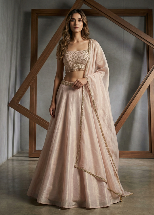 Woman wearing a traditional outfit with a beige top and skirt in a minimalistic setting.