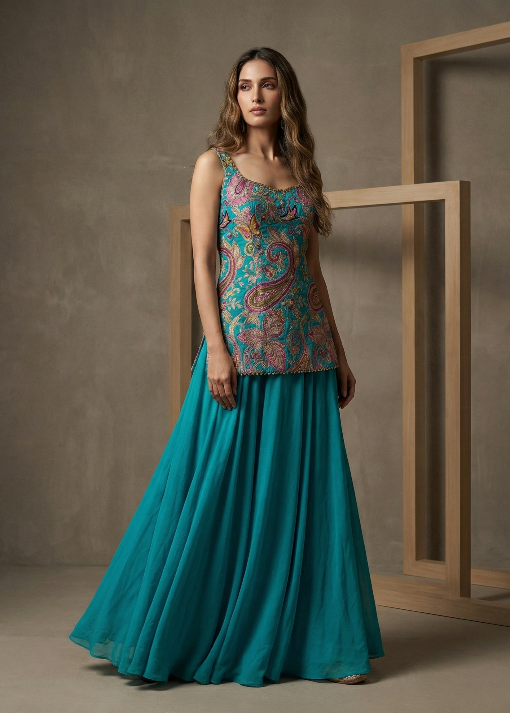 Woman wearing a teal outfit with a patterned top against a neutral background