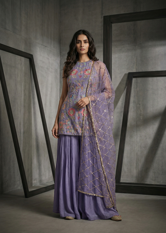 Woman wearing a traditional outfit with a purple top and skirt in a minimalistic setting.