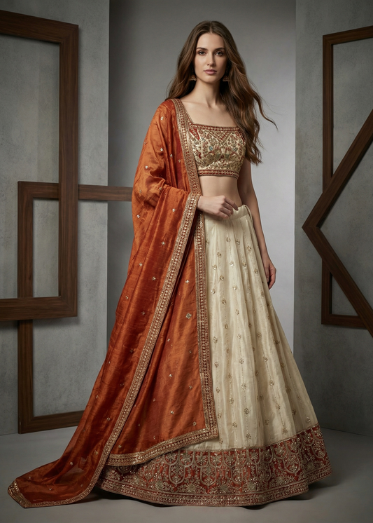 Woman wearing a traditional orange and beige embroidered outfit against a neutral background