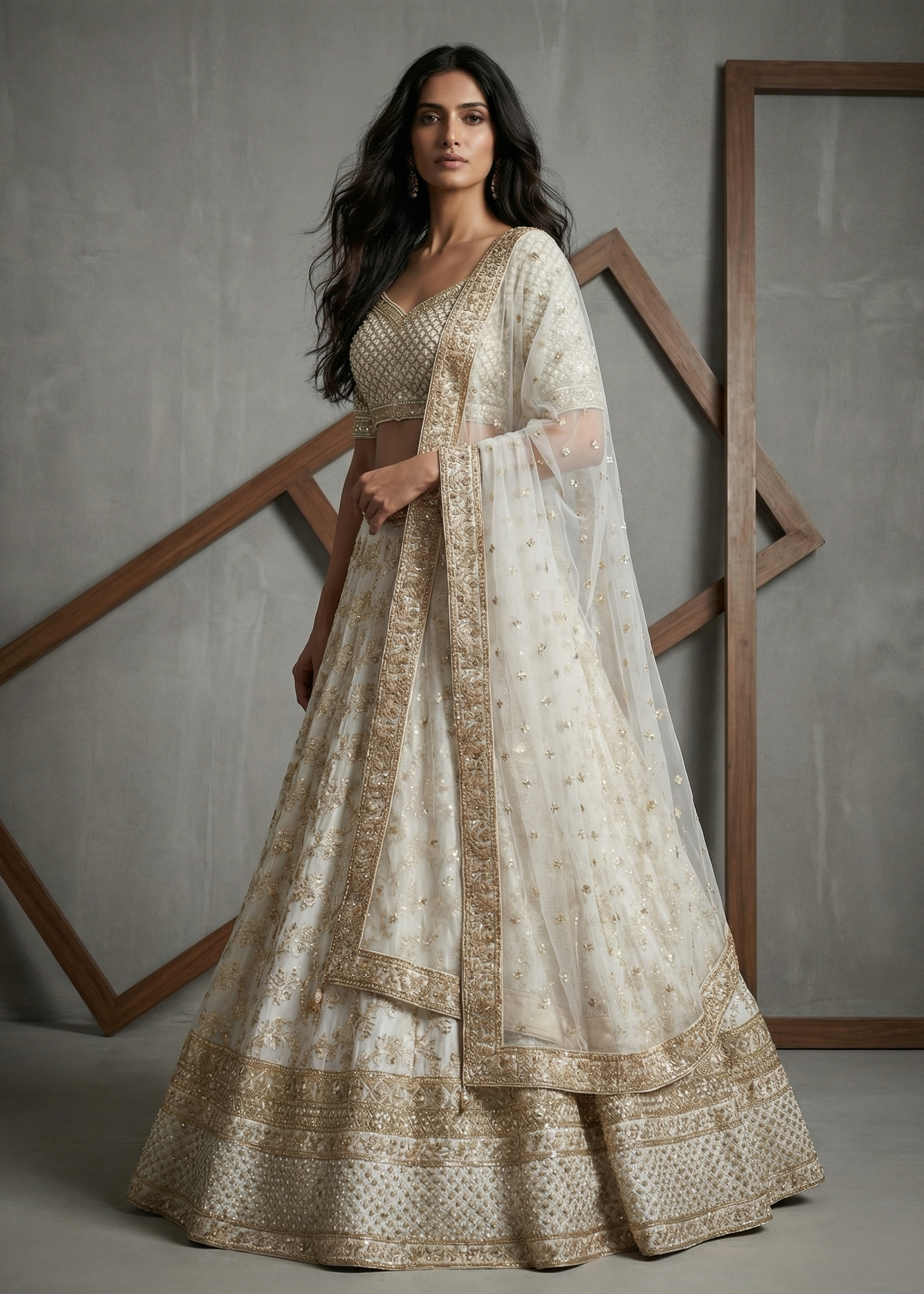 Woman wearing a traditional outfit with intricate patterns against a neutral background