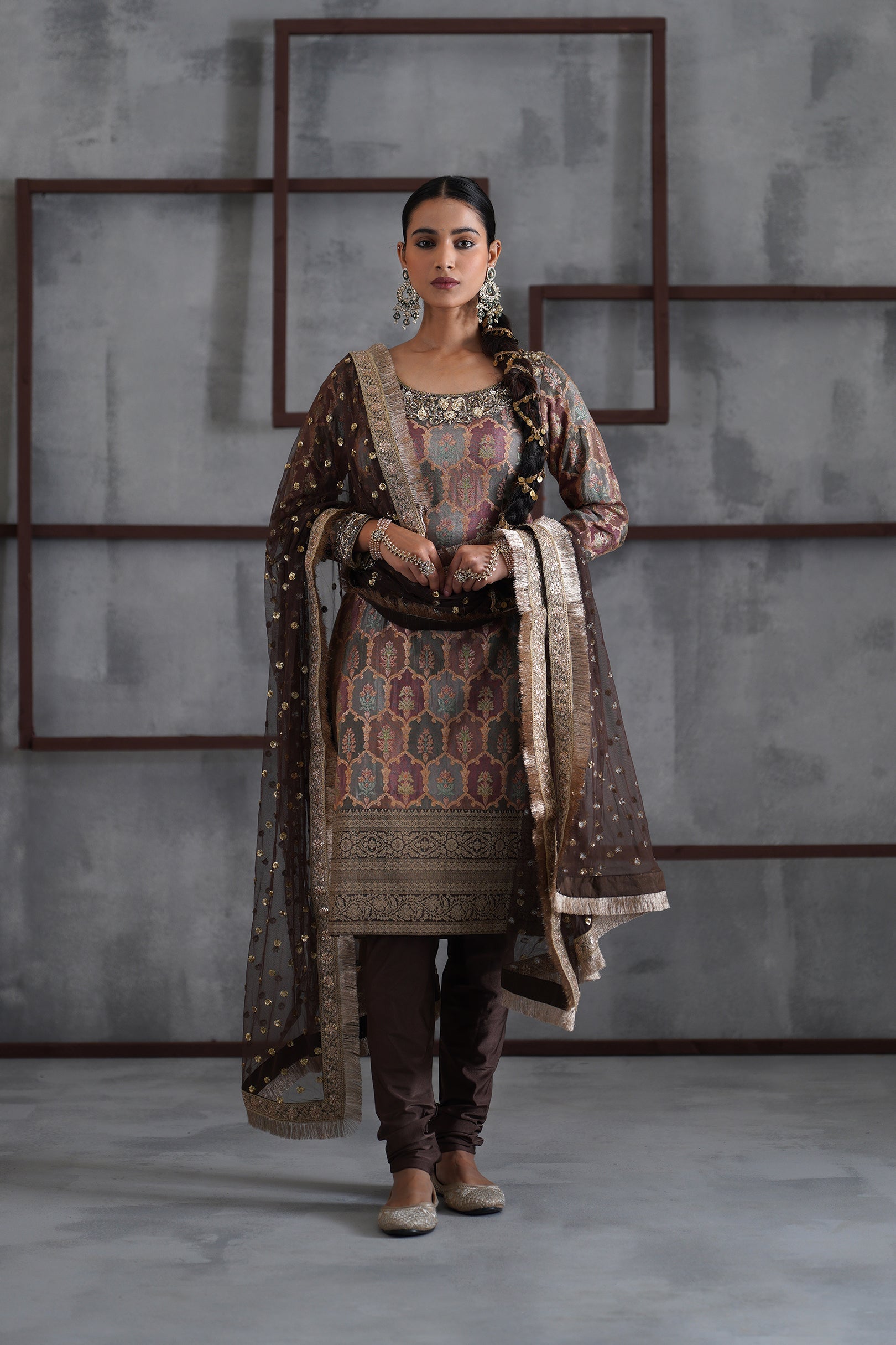 KD1504 Brown Multi Colour kurti churidar and Dupatta set