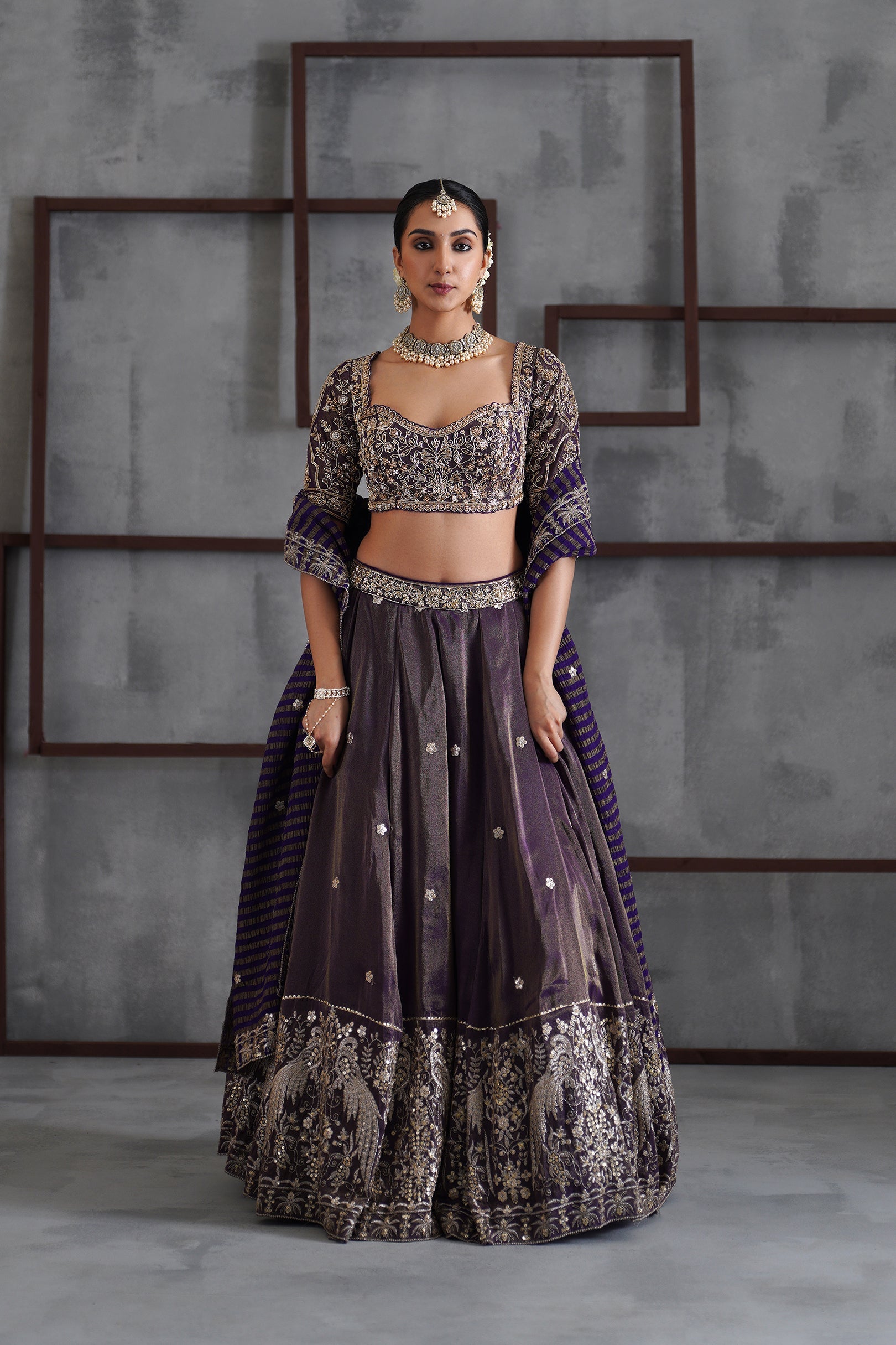 KD2209 Purple tissue emb blouse, lehenga and dupatta