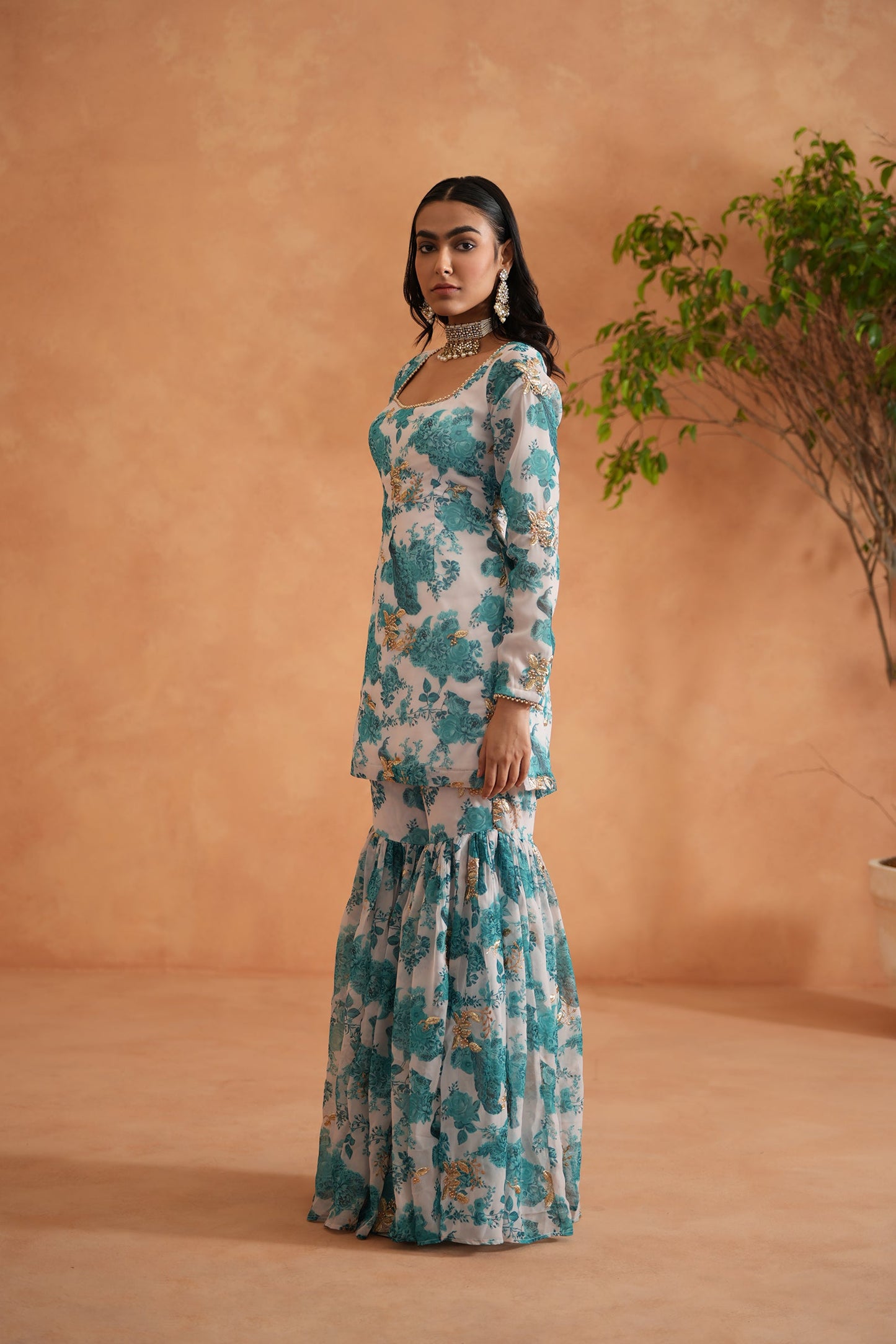 Teal Blue and White Printed Kurti, Garara and Dupatta