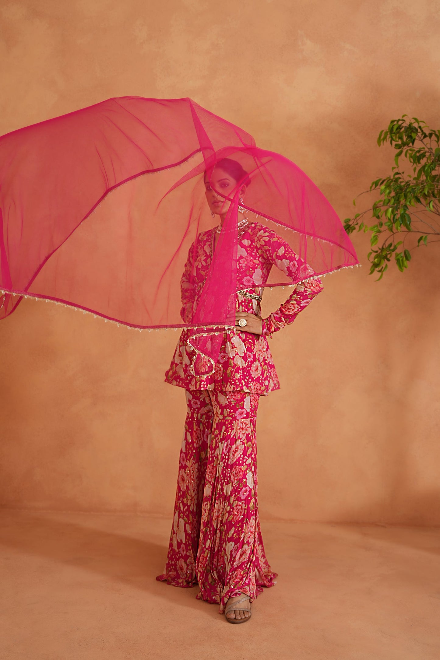 Fuchsia Embroidered Peplum Kurti, Garara and Dupatta