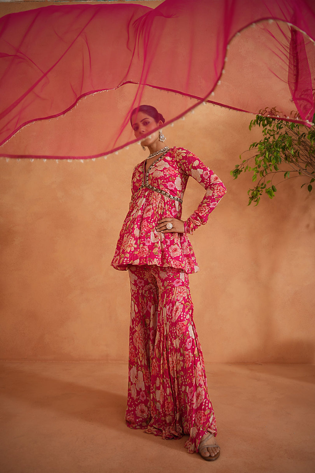 Fuchsia Embroidered Peplum Kurti, Garara and Dupatta
