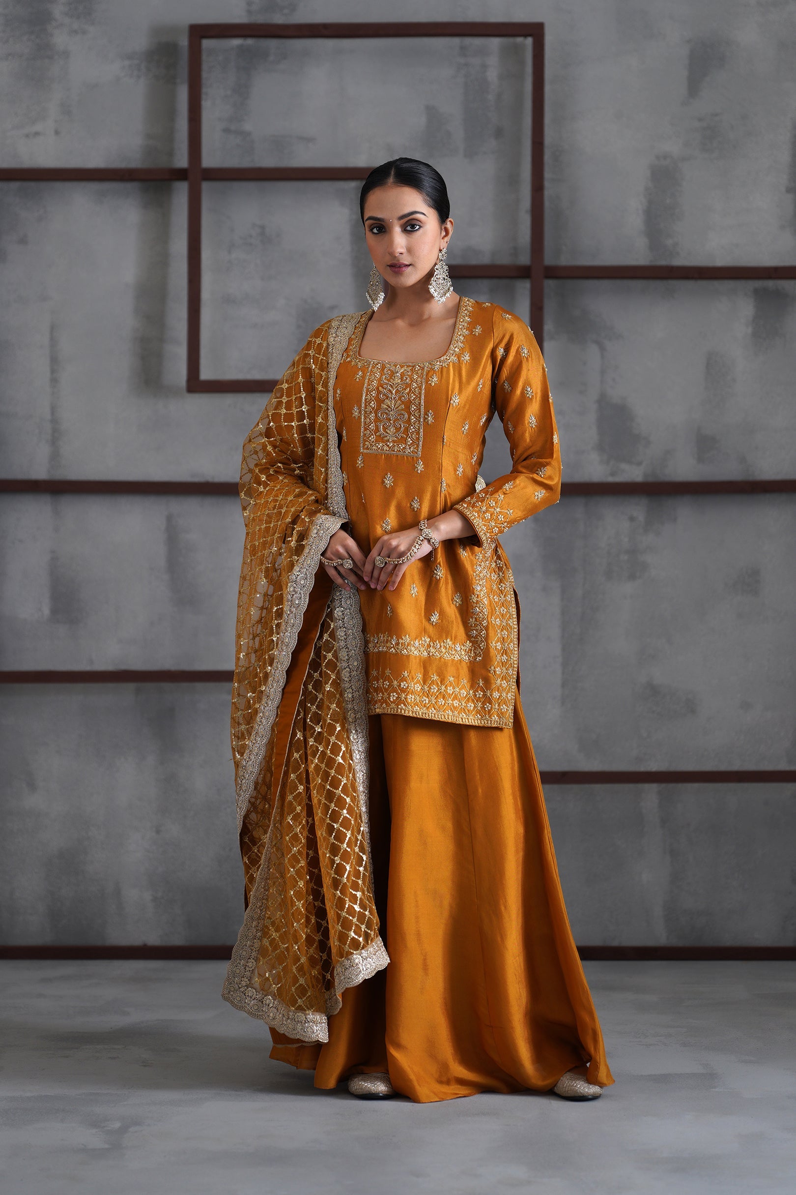 KD1915 Mustard Embroidered Kurti, Sharara and Dupatta
