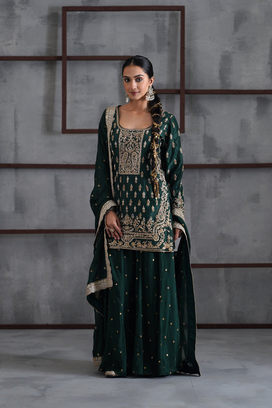 Green Embroidered Kurti, Booti Sharara and Dupatta