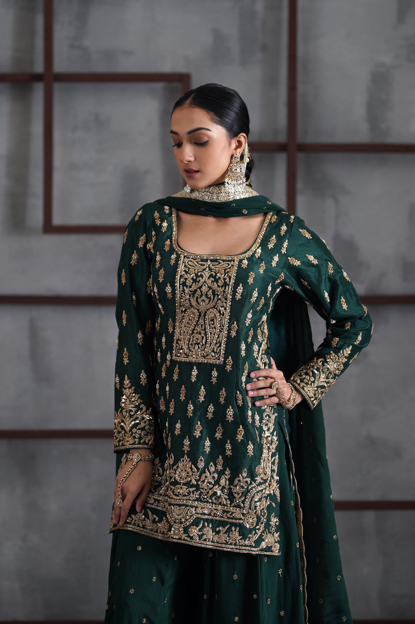Green Embroidered Kurti, Booti Sharara and Dupatta