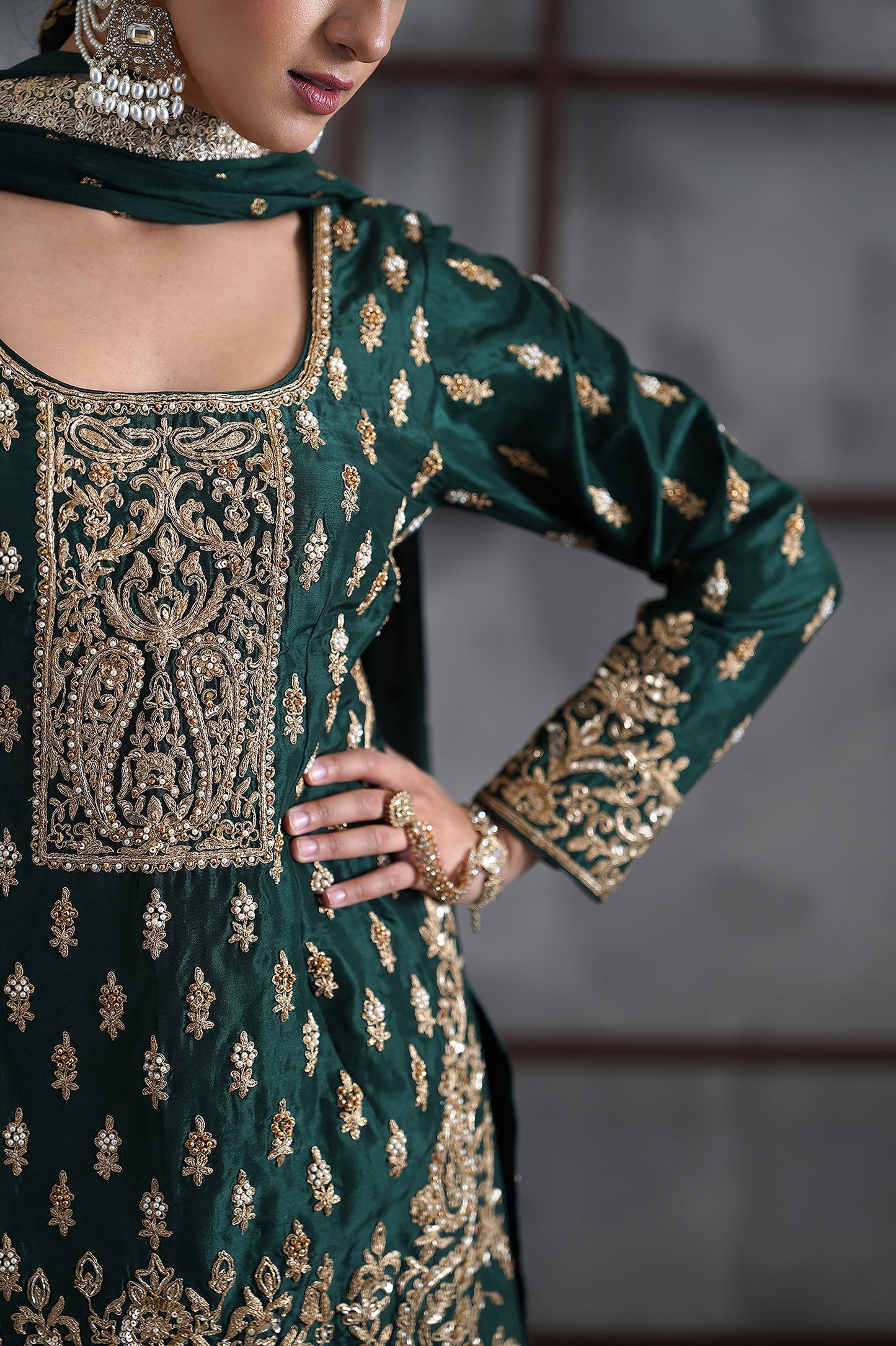 Green Embroidered Kurti, Booti Sharara and Dupatta