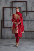 KD1431 Red embroidered banarsi peplum, dhoti and dupatta
