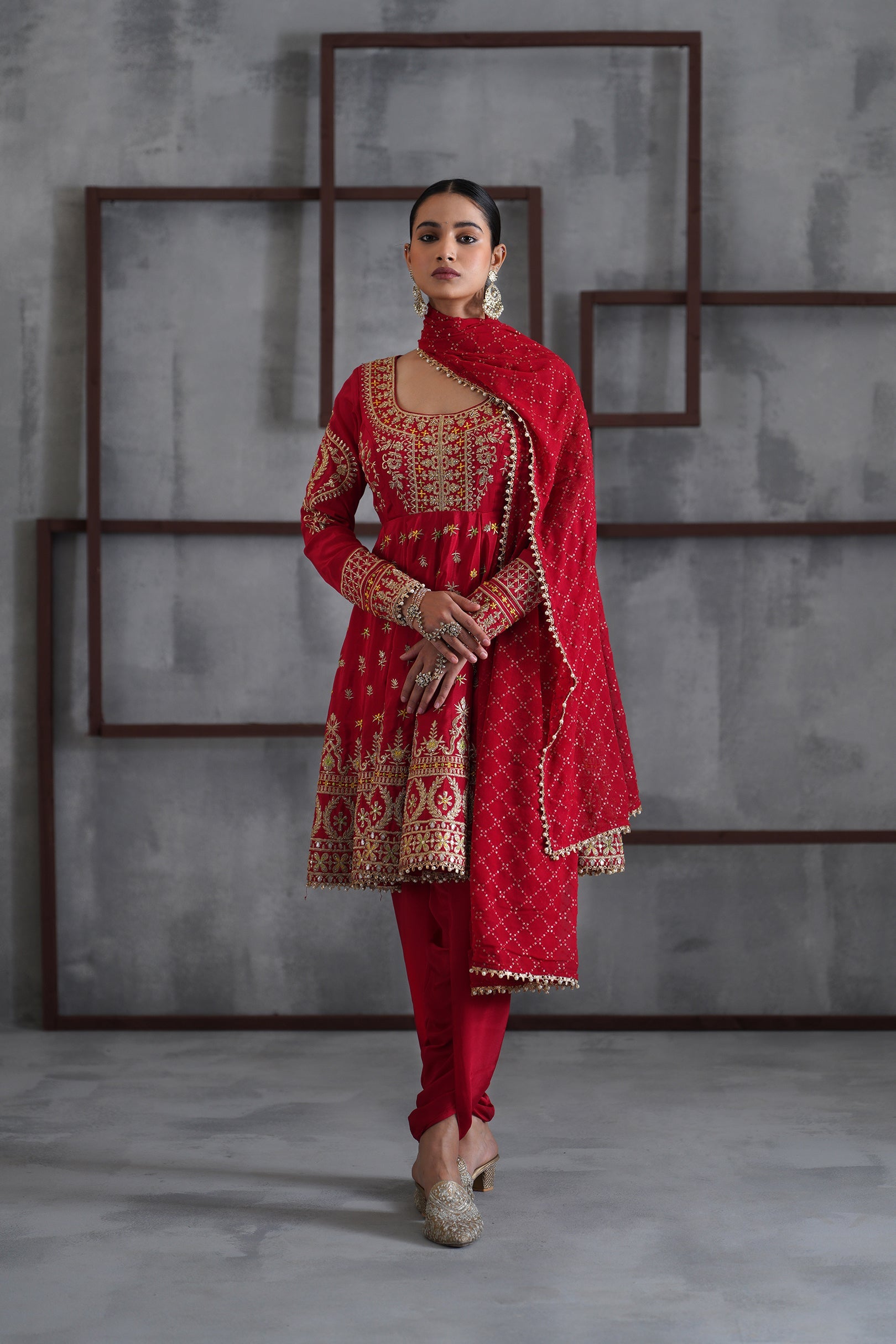 KD1431 Red embroidered banarsi peplum, dhoti and dupatta