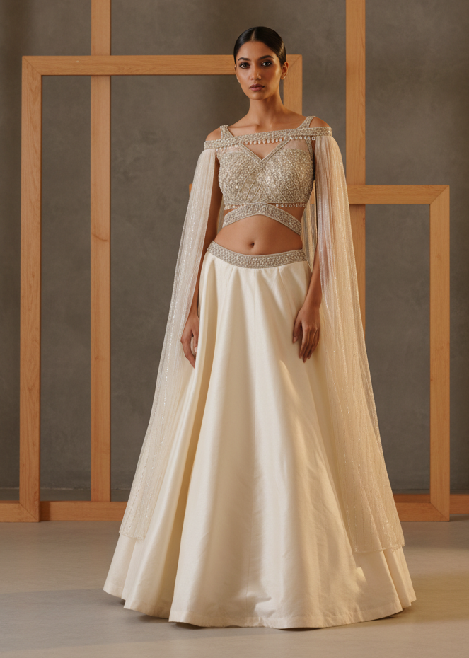 Woman wearing a traditional outfit with a beige top and white skirt against a neutral background