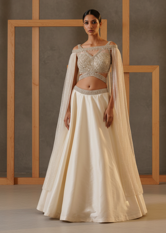 Woman wearing a traditional outfit with a beige top and white skirt against a neutral background