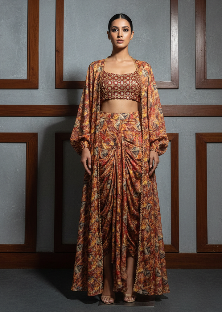 Woman wearing a patterned outfit against a gray wall with wooden trim