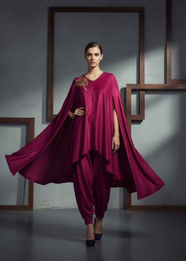 Woman wearing a flowing magenta outfit in a minimalistic setting with framed mirrors.