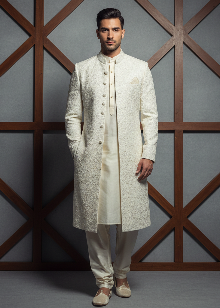 Man wearing a traditional cream sherwani against a geometric-patterned wall.