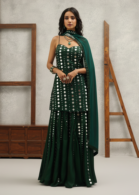 Woman in a green dress with embellishments standing against a gray background