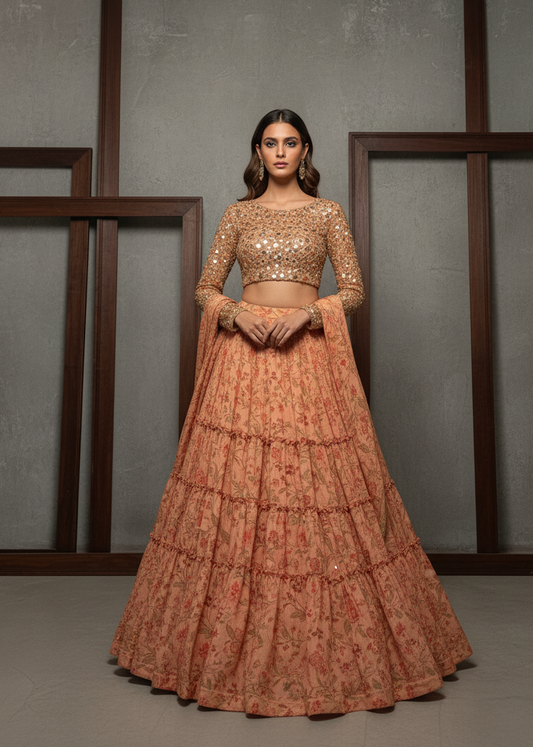 Woman wearing a traditional outfit with a top and long skirt in front of wooden frames.