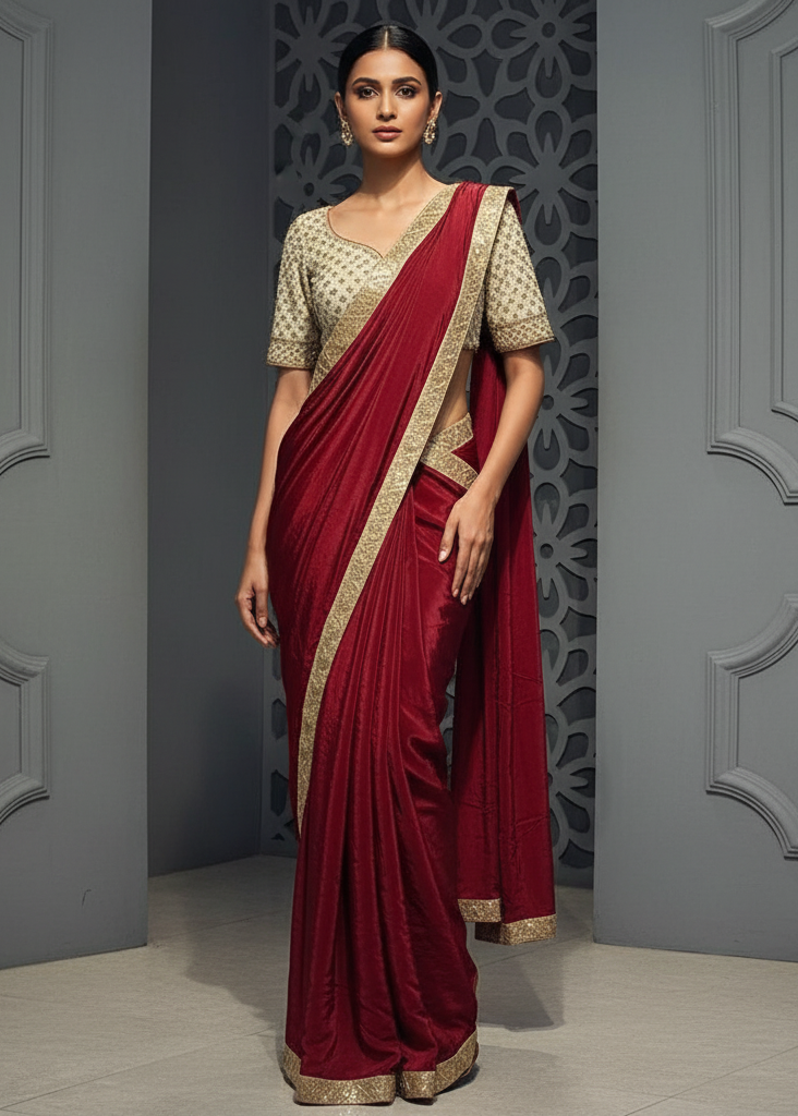 Woman wearing a red saree with gold border against a gray wall.