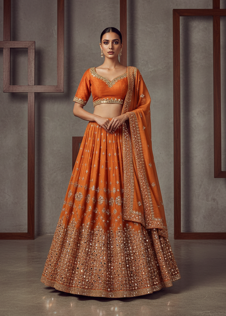 Woman in an orange traditional outfit standing against a gray wall with wooden frames.