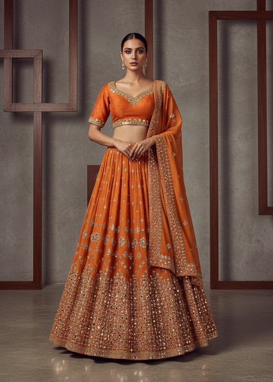 Woman in an orange traditional outfit standing against a gray wall with wooden frames.