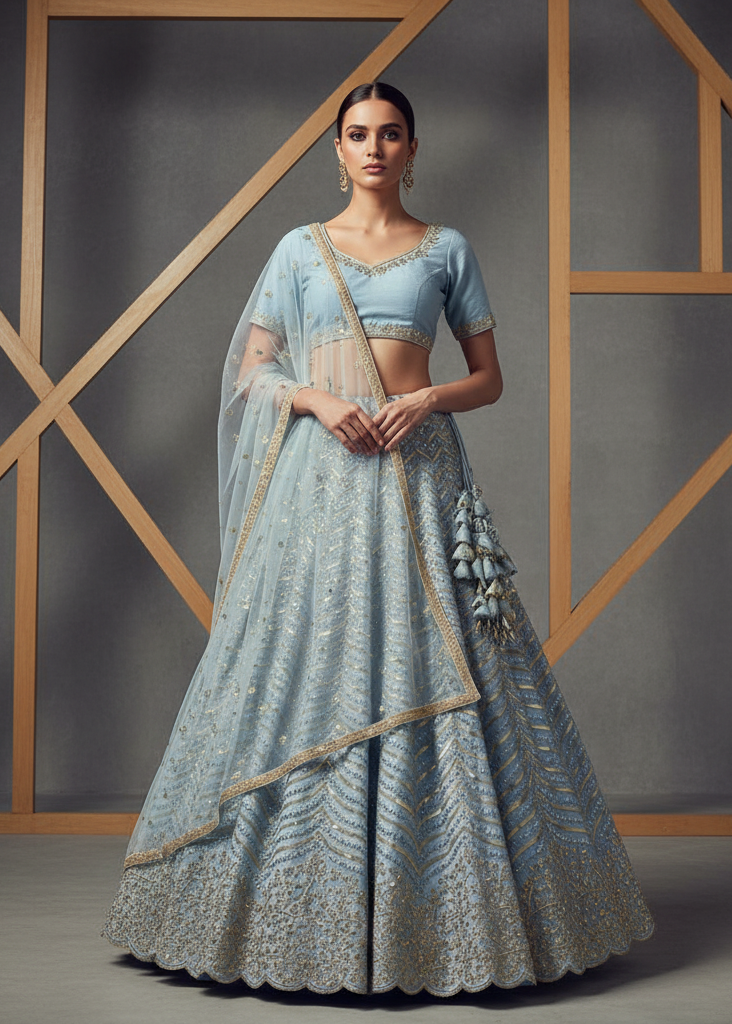Woman in a light blue traditional outfit with a geometric wooden frame in the background