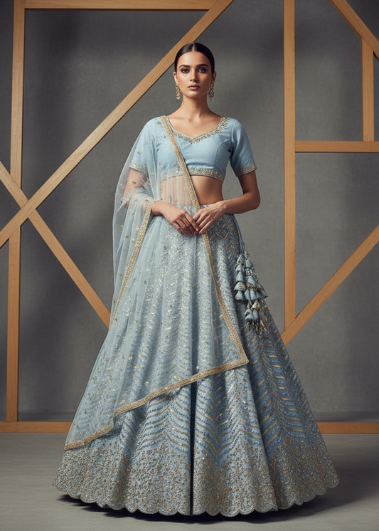 Woman in a light blue traditional outfit with a geometric wooden frame in the background