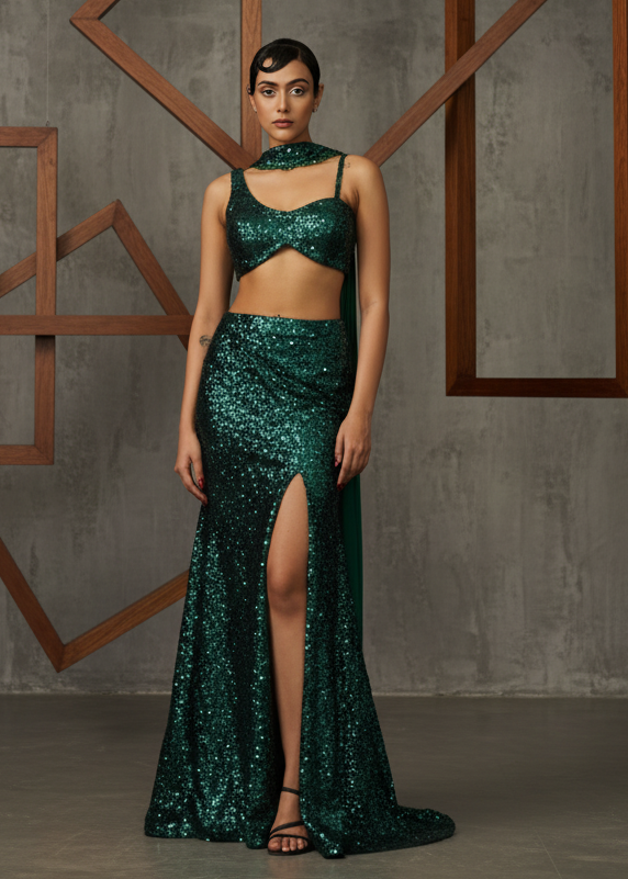Model wearing a green sequin dress with cut-out design against a textured wall.