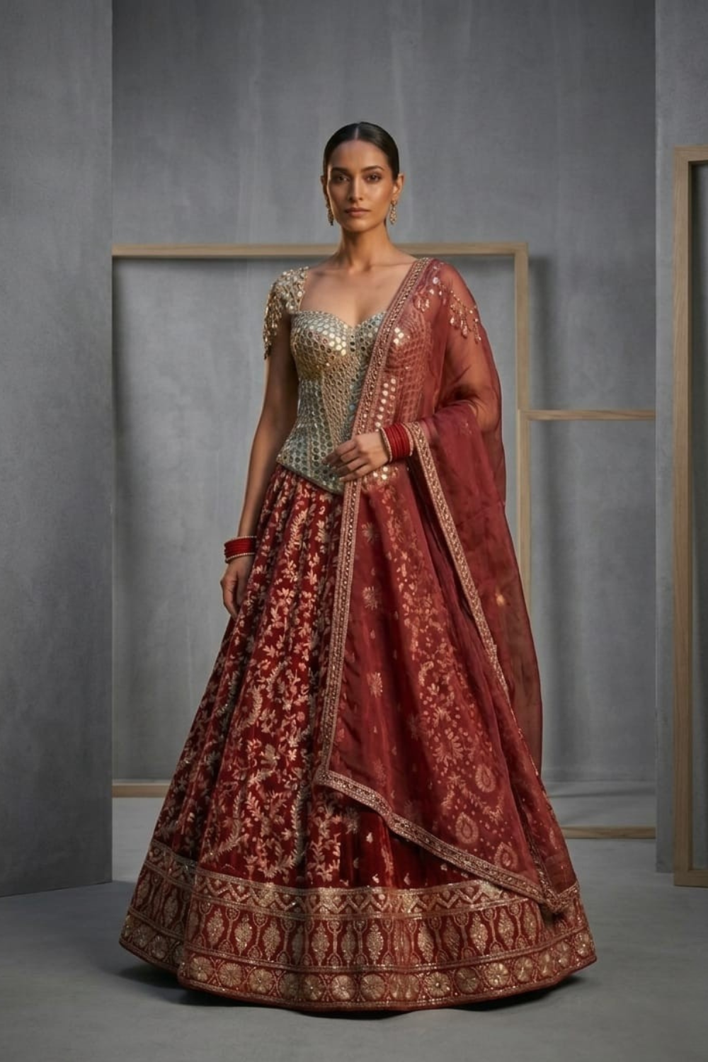 HER003 Gold emb corset and brocade lehnga set