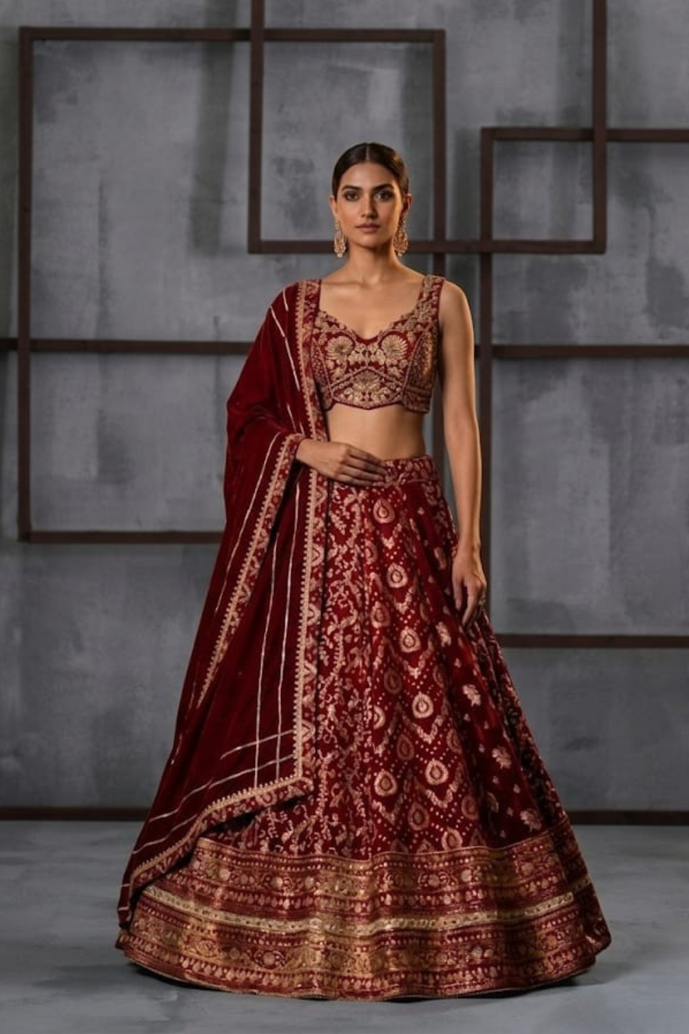 HER004 Maroon embroidered blouse and banarsi lehnga set