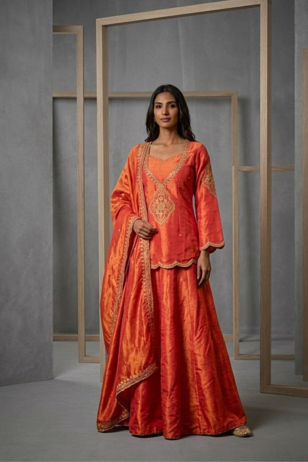 HER016 Orange embroidery cosmos kurti, bustier and Flare plazo set