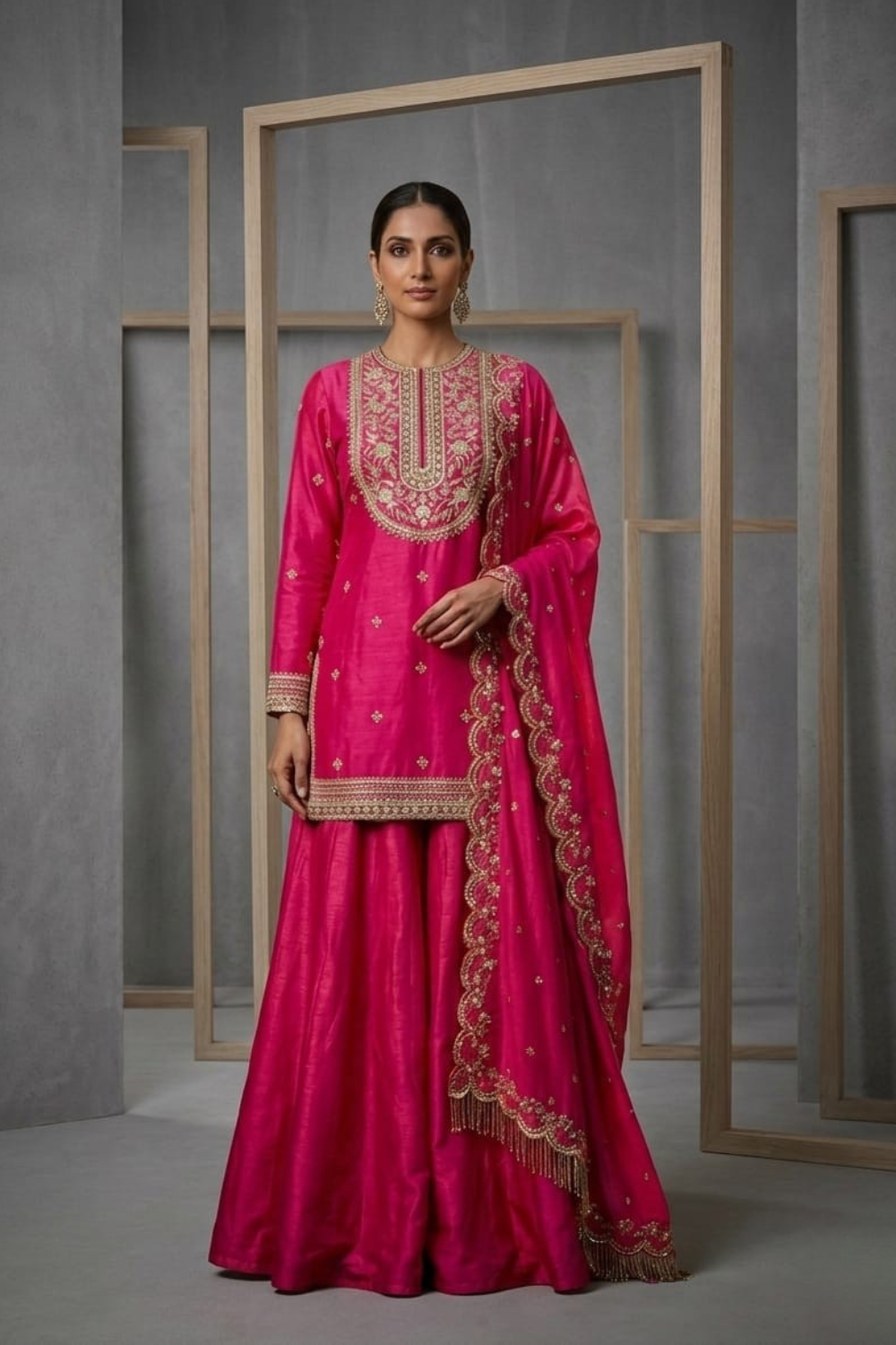 HER017 Fucsia embroidery kurti sharara set